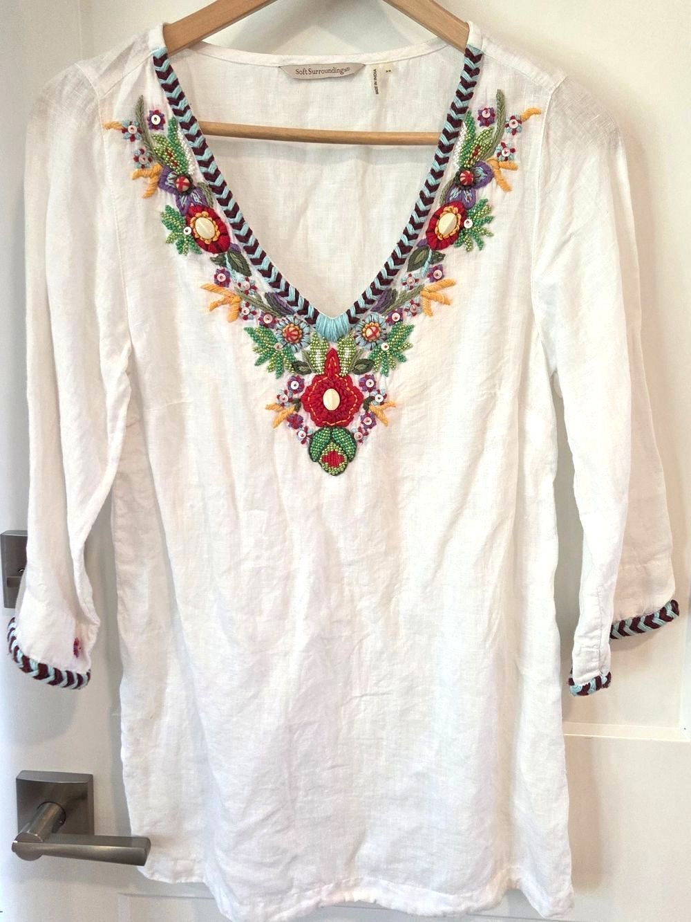 Soft Surroundings Fiesta Embroidered Beaded Linen Floral Tunic Top Cottage XS